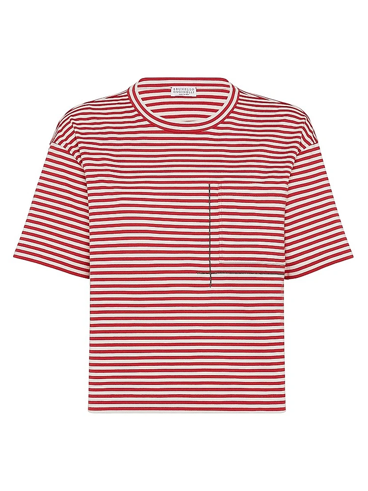 Cotton Striped Jersey Cropped T-Shirt with Shiny Pocket Detail