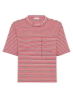 Cotton Striped Jersey Cropped T-Shirt with Shiny Pocket Detail