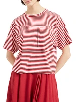 Cotton Striped Jersey Cropped T-Shirt with Shiny Pocket Detail