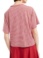 Cotton Striped Jersey Cropped T-Shirt with Shiny Pocket Detail