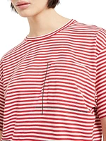 Cotton Striped Jersey Cropped T-Shirt with Shiny Pocket Detail