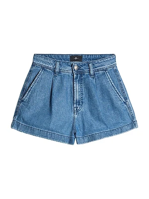 Pleated Lightweight Denim Shorts