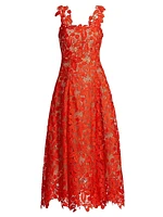Cherry Guipure-Lace Square-Neck Midi-Dress