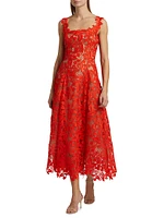 Cherry Guipure-Lace Square-Neck Midi-Dress