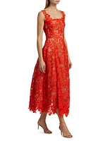 Cherry Guipure-Lace Square-Neck Midi-Dress