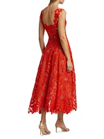 Cherry Guipure-Lace Square-Neck Midi-Dress