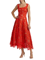 Cherry Guipure-Lace Square-Neck Midi-Dress