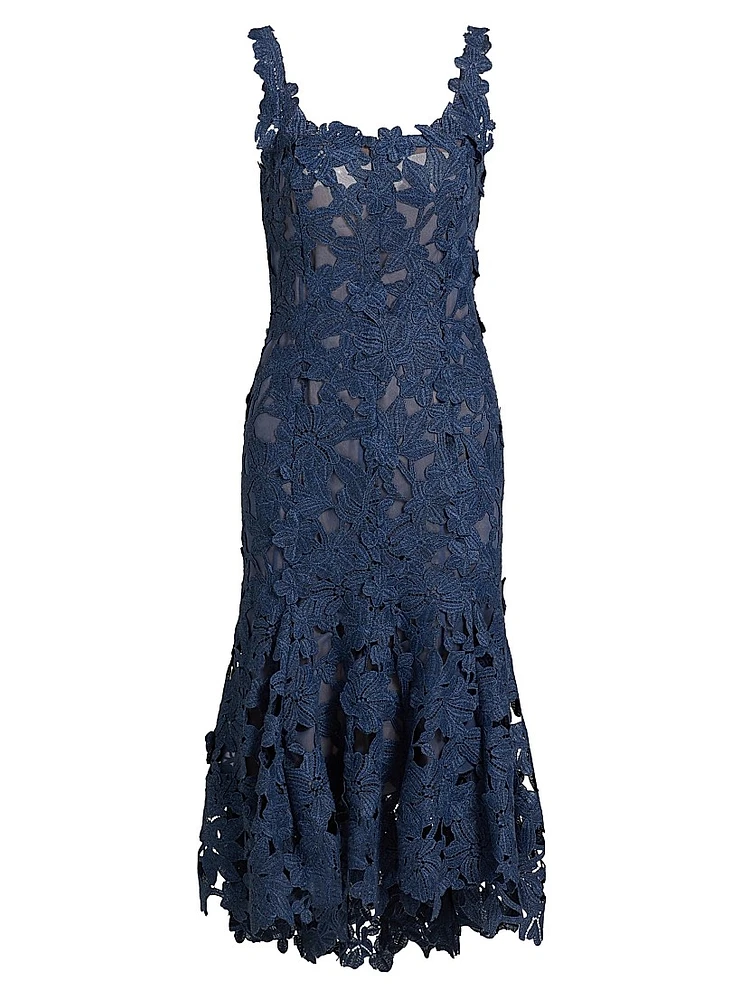 Floral Guipure-Lace Scoopneck Midi-Dress