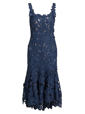 Floral Guipure-Lace Scoopneck Midi-Dress