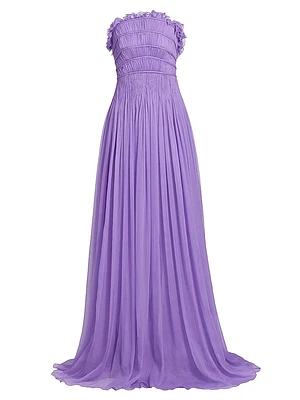 Pleated Crinkle Chiffon Strapless Gown