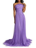 Pleated Crinkle Chiffon Strapless Gown