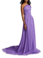 Pleated Crinkle Chiffon Strapless Gown