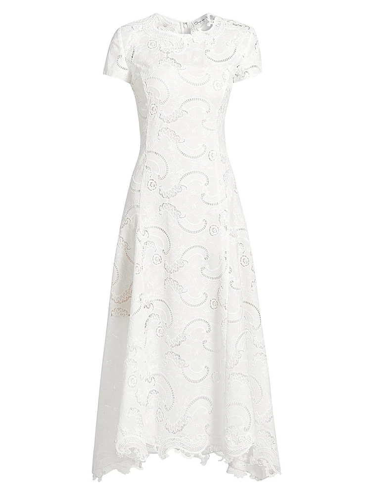 Scroll Guipure-Lace High-Low Midi-Dress