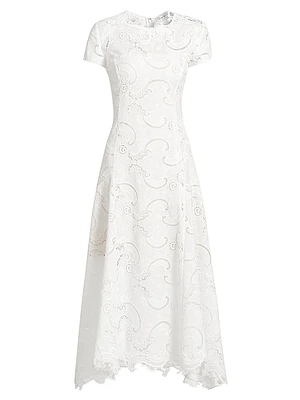 Scroll Guipure-Lace High-Low Midi-Dress