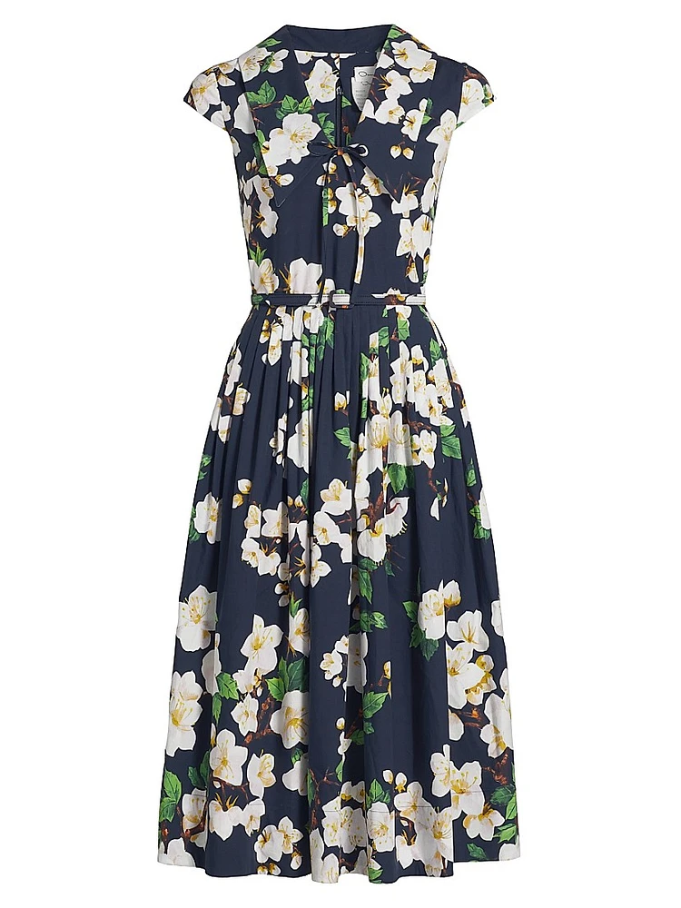 Cherry Blossom Stretch-Cotton Belted Midi-Dress
