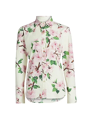 Cherry Blossom Stretch-Cotton Button-Front Blouse
