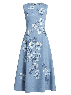 Cherry Blossom Denim Fit & Flare Midi-Dress