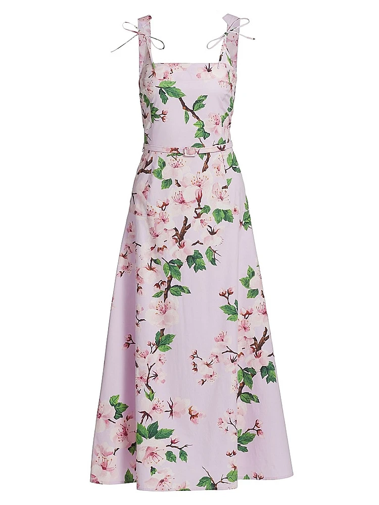 Cherry Blossom Bow Stretch-Cotton Belted Midi-Dress