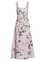Cherry Blossom Bow Stretch-Cotton Belted Midi-Dress
