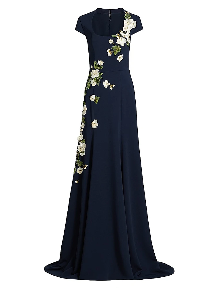 Embroidered Cherry Blossom Cap-Sleeve Gown