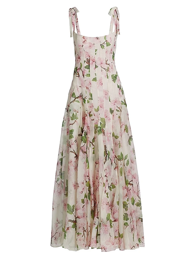 Cherry Blossom Pleated Organza Scoopneck Gown