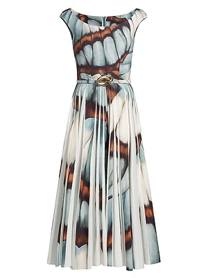 Butterfly Poplin Belted Fit & Flare Midi-Dress