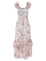 Botanic Retro Ruffled Floral Chiffon Maxi Dress