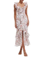 Botanic Retro Ruffled Floral Chiffon Maxi Dress