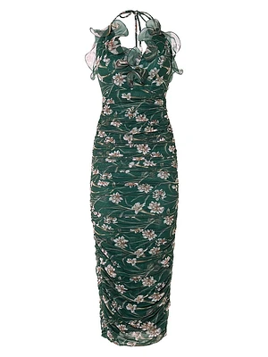 Botanic Retro Floral Chiffon Ruched Midi-Dress