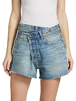 Crossover Asymmetric Washed-Denim Shorts
