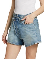 Crossover Asymmetric Washed-Denim Shorts