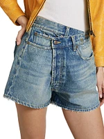 Crossover Asymmetric Washed-Denim Shorts