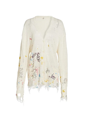 Distressed Graffiti Linen Boyfriend Cardigan