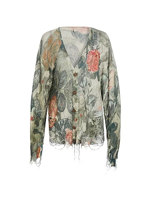 Distressed Floral Linen Knit Boyfriend Cardigan