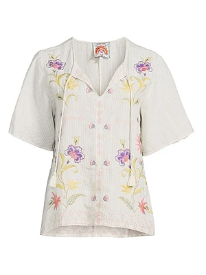 Calista Floral-Embroidered Linen Blouse