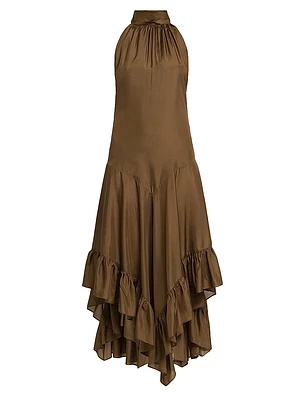 Ruffled Silk Halter Maxi Dress