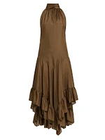Ruffled Silk Halter Maxi Dress