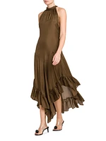 Ruffled Silk Halter Maxi Dress