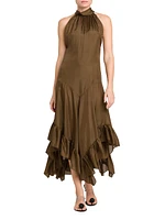 Ruffled Silk Halter Maxi Dress