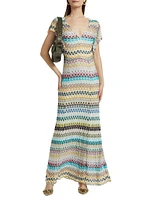Raschel Lace Chevron Flutter-Sleeve Maxi Dress