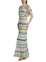 Raschel Lace Chevron Flutter-Sleeve Maxi Dress