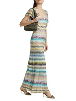 Raschel Lace Chevron Flutter-Sleeve Maxi Dress