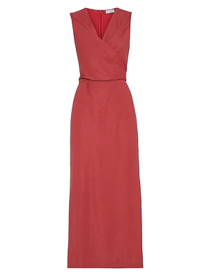 Viscose and Linen Fluid Twill Wrap Effect Dress