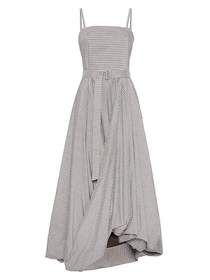 Multi Stripe Cotton Poplin Belted Bubble Hem Dress