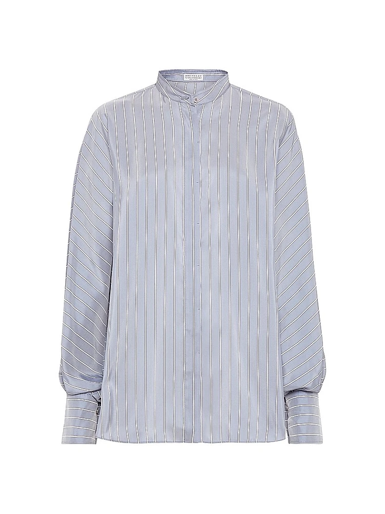 Striped Silk Poplin Mandarin Collar Shirt