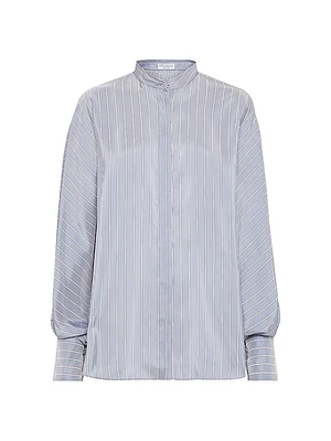 Striped Silk Poplin Mandarin Collar Shirt