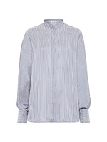 Striped Silk Poplin Mandarin Collar Shirt
