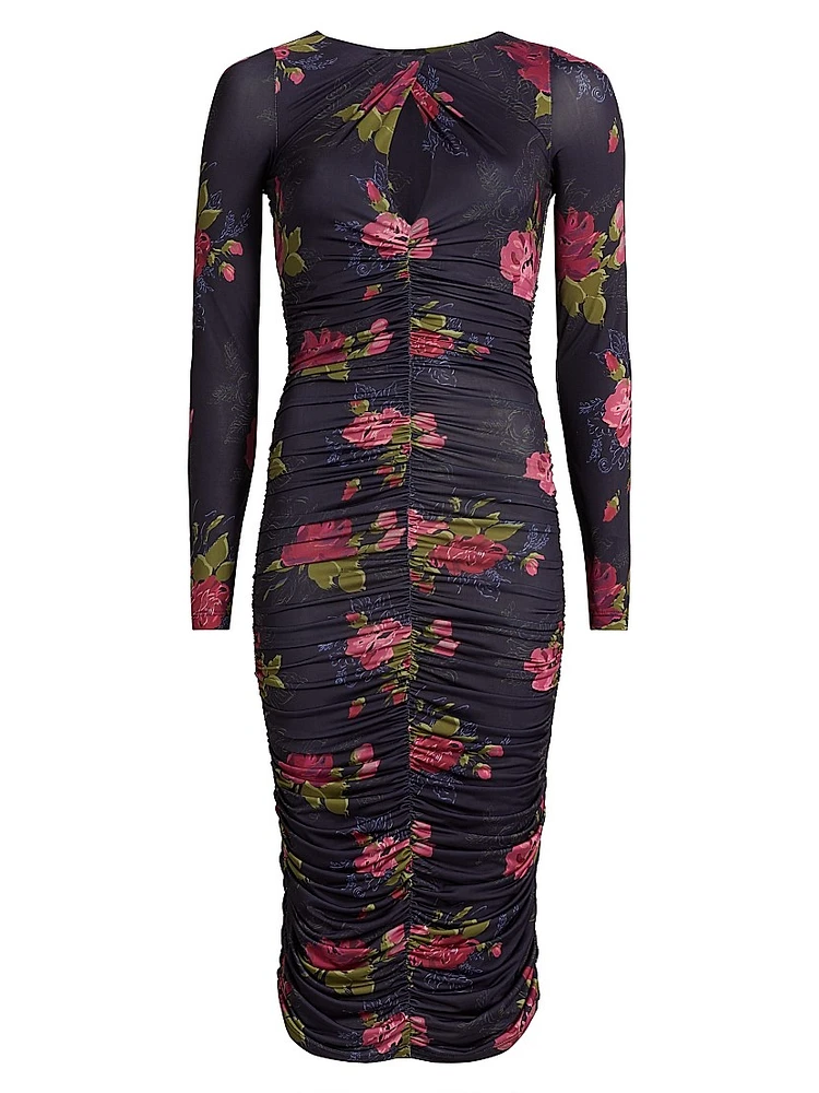 Floral Twist Neck Ruched Midi-Dress