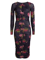 Floral Twist Neck Ruched Midi-Dress