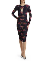 Floral Twist Neck Ruched Midi-Dress